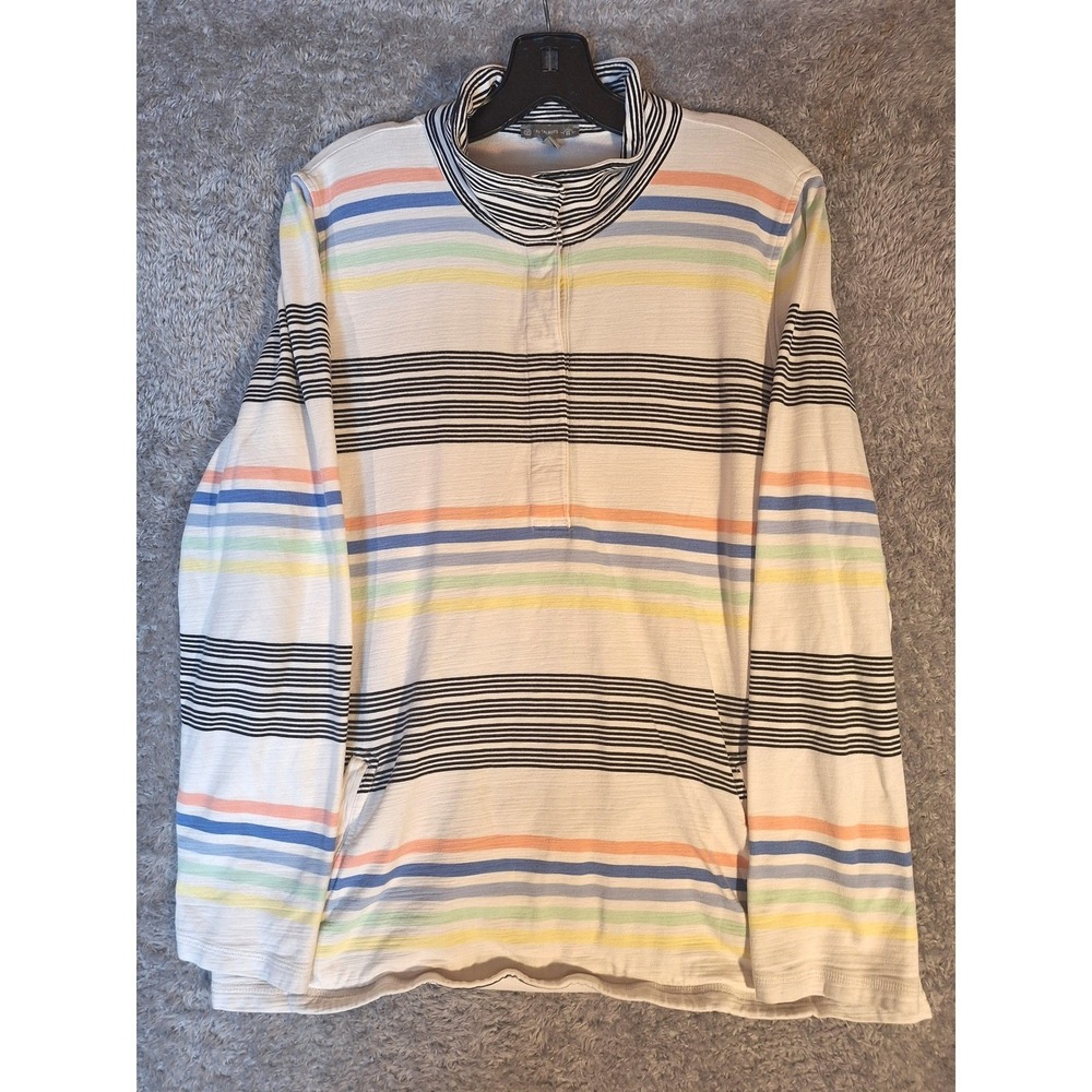 T by Talbots Long Sleeve Snap Pullover Striped White Colorful Large UPF 50